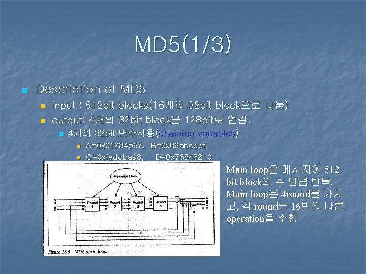 MD 5(1/3) n Description of MD 5 n n input : 512 bit blocks(16개의 MD 5(1/3) n Description of MD 5 n n input : 512 bit blocks(16개의