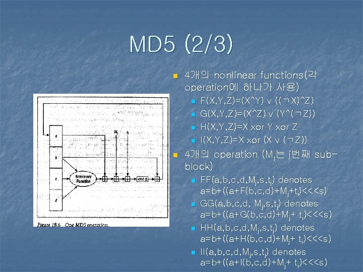 MD 5 (2/3) n 4개의 nonlinear functions(각 operation에 하나가 사용) n n n F(X, MD 5 (2/3) n 4개의 nonlinear functions(각 operation에 하나가 사용) n n n F(X,