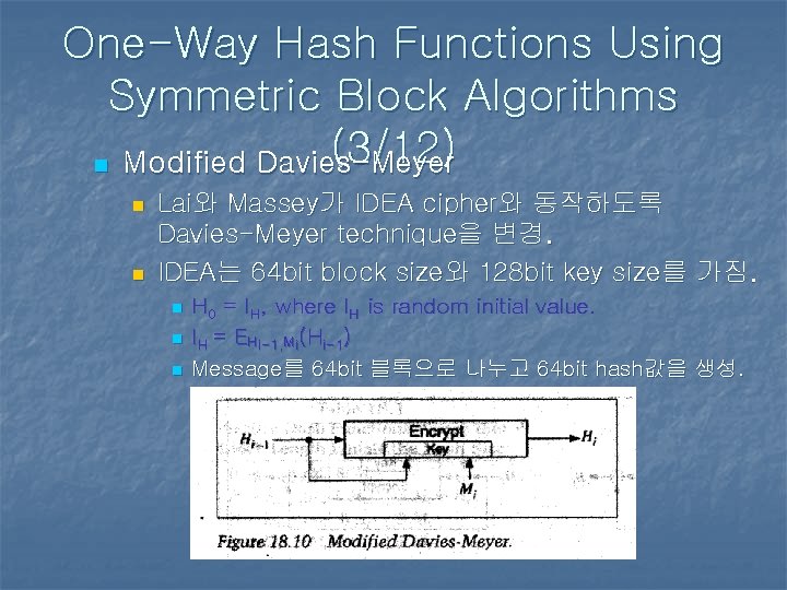 One-Way Hash Functions Using Symmetric Block Algorithms (3/12) n Modified Davies-Meyer n n Lai와 One-Way Hash Functions Using Symmetric Block Algorithms (3/12) n Modified Davies-Meyer n n Lai와