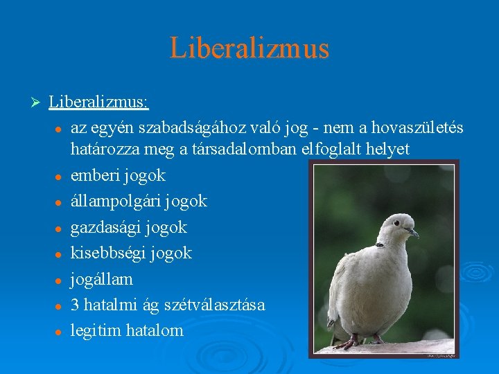 Liberalizmus Ø Liberalizmus: l az egyén szabadságához való jog - nem a hovaszületés határozza