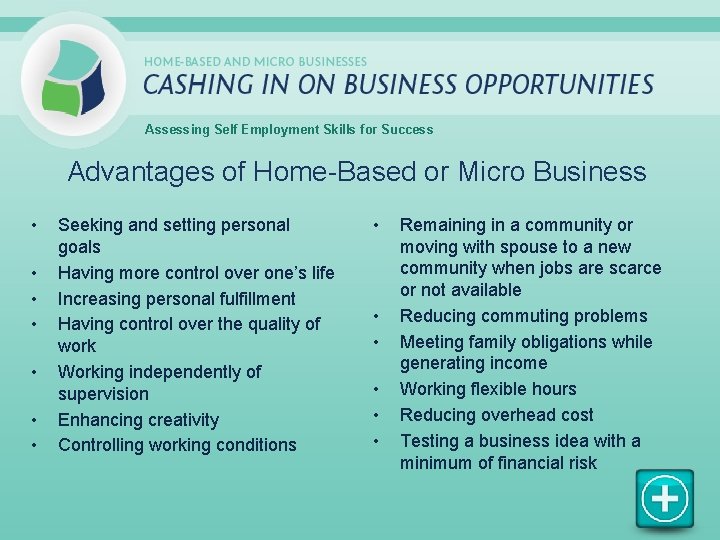 Assessing Self Employment Skills for Success Advantages of Home-Based or Micro Business • •