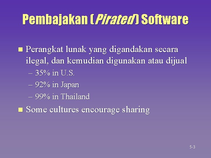 Pembajakan (Pirated ) Software n Perangkat lunak yang digandakan secara ilegal, dan kemudian digunakan Pembajakan (Pirated ) Software n Perangkat lunak yang digandakan secara ilegal, dan kemudian digunakan