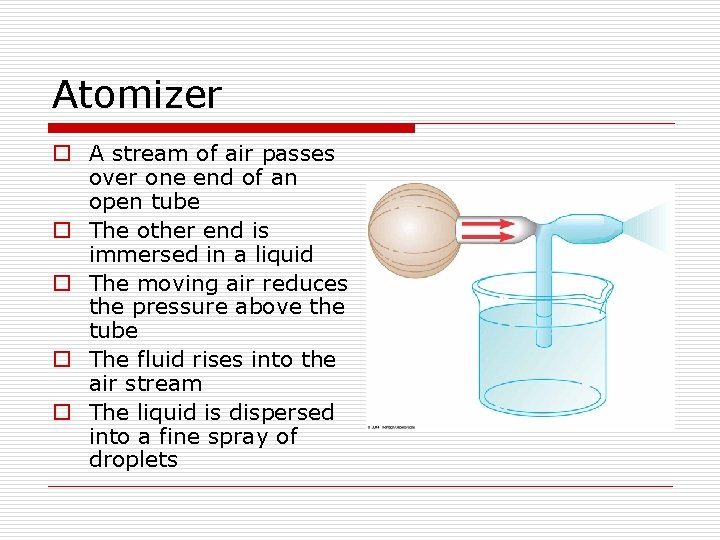 Atomizer o A stream of air passes over one end of an open tube