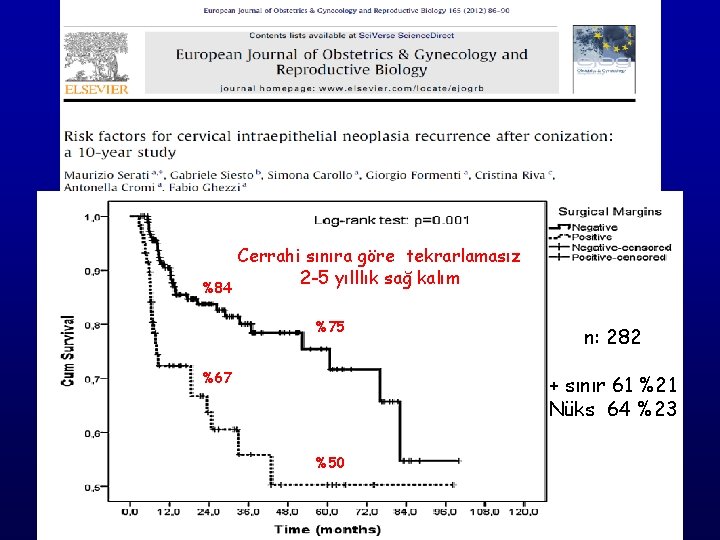 %84 Cerrahi sınıra göre tekrarlamasız 2 -5 yılllık sağ kalım %75 %67 n: 282