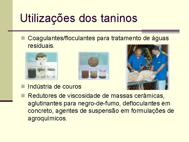 Utilizações dos taninos n Coagulantes/floculantes para tratamento de águas residuais. n Indústria de couros