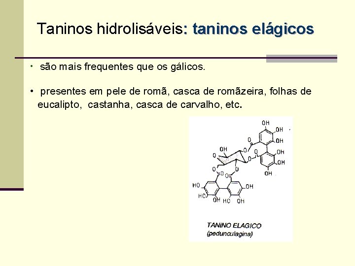 Taninos hidrolisáveis: taninos elágicos • são mais frequentes que os gálicos. • presentes em