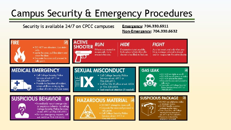 Campus Security & Emergency Procedures Security is available 24/7 on CPCC campuses Emergency: 704.