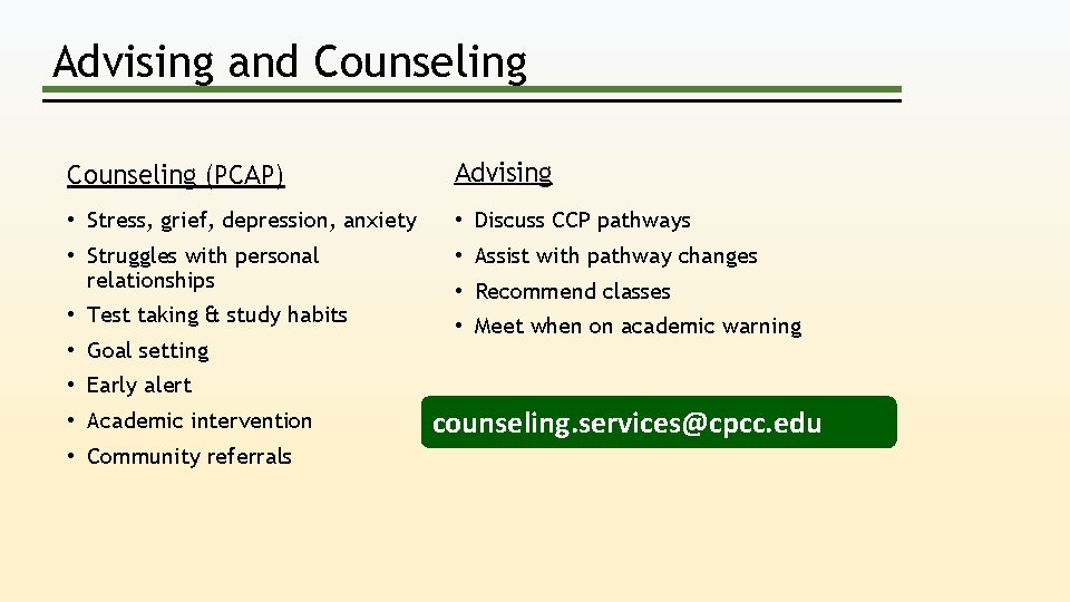 Advising and Counseling (PCAP) Advising • Stress, grief, depression, anxiety • Discuss CCP pathways