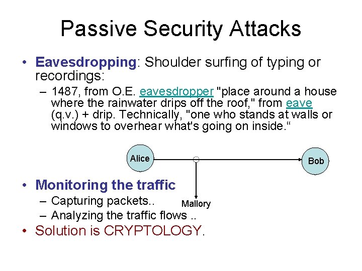 Passive Security Attacks • Eavesdropping: Shoulder surfing of typing or recordings: – 1487, from