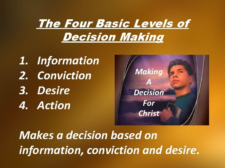 The Four Basic Levels of Decision Making 1. 2. 3. 4. Information Conviction Desire