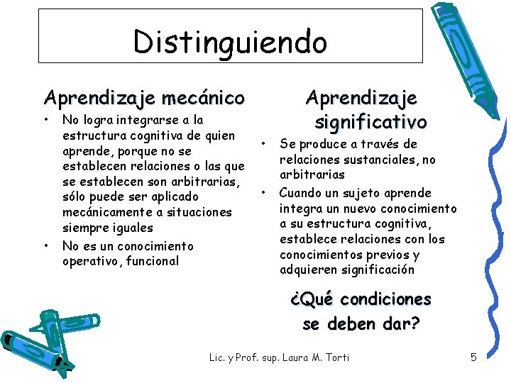 Distinguiendo Aprendizaje mecánico • • No logra integrarse a la estructura cognitiva de quien