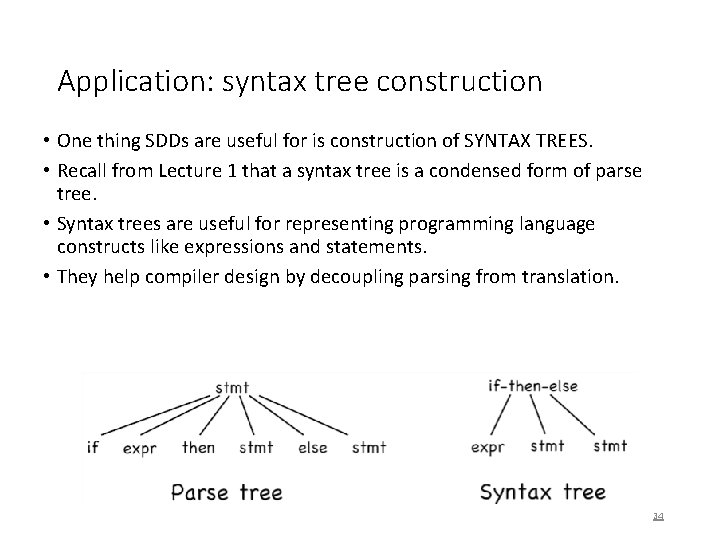 Application: syntax tree construction • One thing SDDs are useful for is construction of