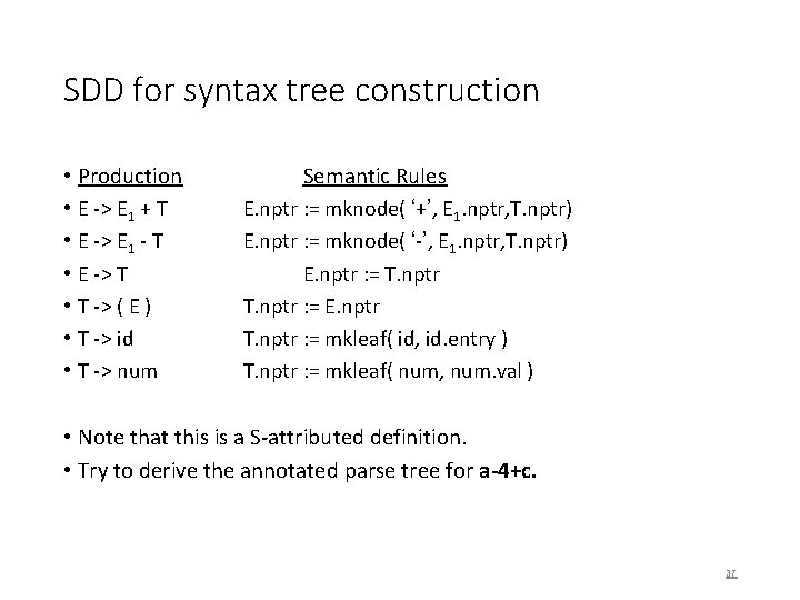 SDD for syntax tree construction • Production • E -> E 1 + T
