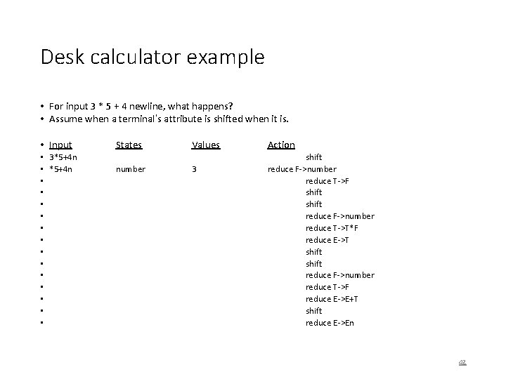Desk calculator example • For input 3 * 5 + 4 newline, what happens?