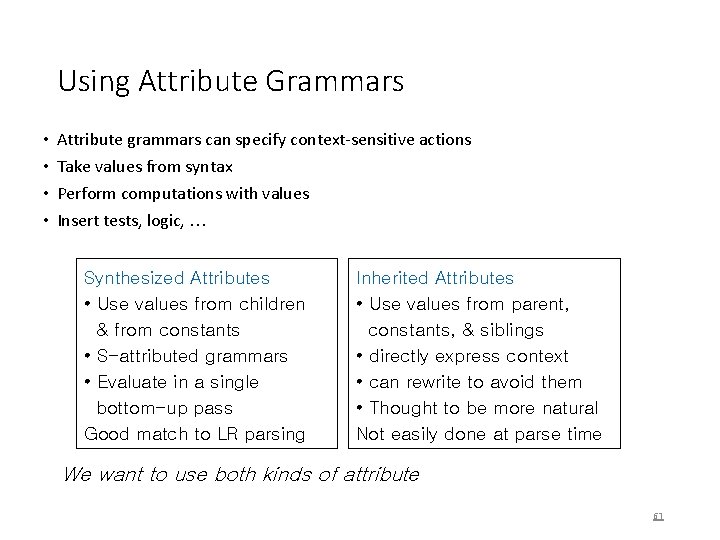 Using Attribute Grammars • • Attribute grammars can specify context-sensitive actions Take values from