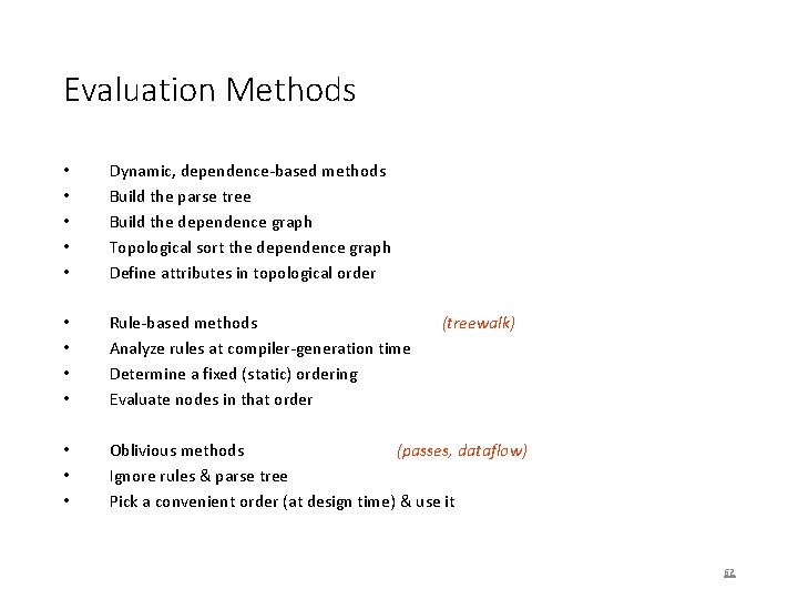 Evaluation Methods • • • Dynamic, dependence-based methods Build the parse tree Build the