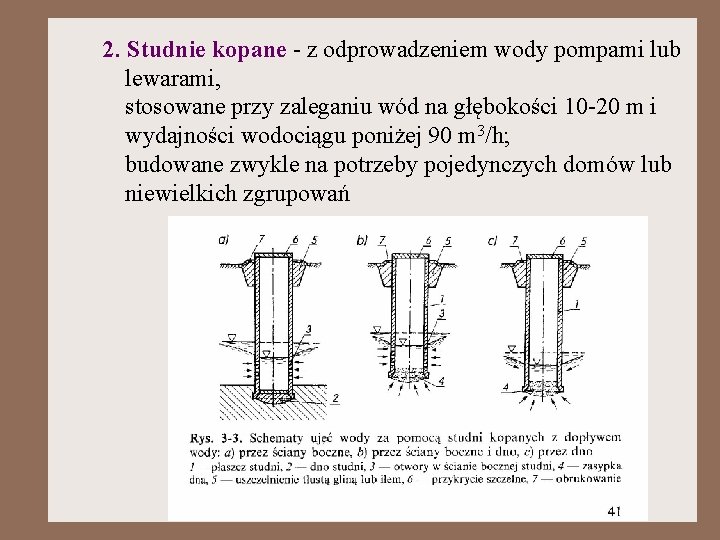 2. Studnie kopane - z odprowadzeniem wody pompami lub lewarami, stosowane przy zaleganiu wód