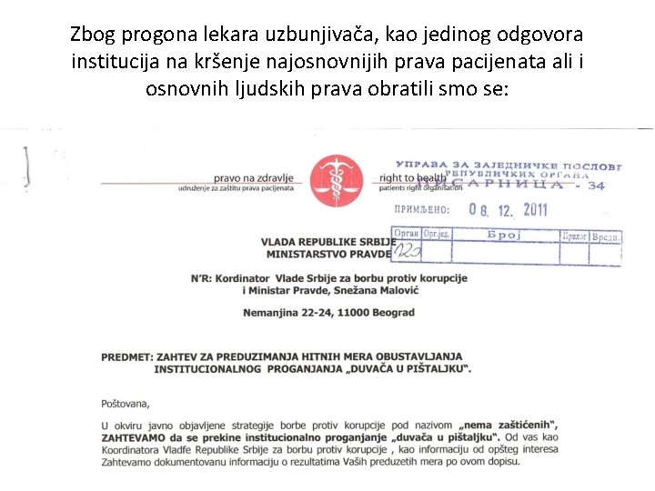 Zbog progona lekara uzbunjivača, kao jedinog odgovora institucija na kršenje najosnovnijih prava pacijenata ali