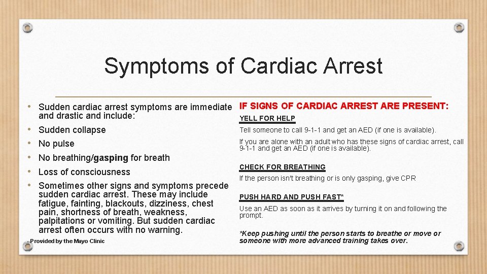 Symptoms of Cardiac Arrest • Sudden cardiac arrest symptoms are immediate IF SIGNS OF