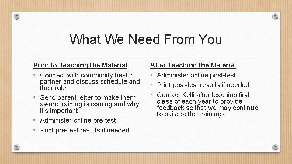 What We Need From You Prior to Teaching the Material • Connect with community