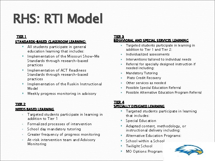 RHS: RTI Model TIER 1 STANDARDS-BASED CLASSROOM LEARNING: § All students participate in general