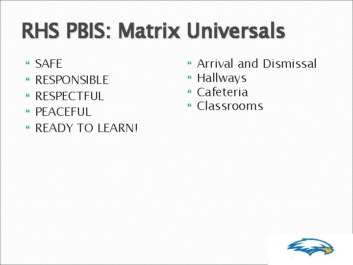 RHS PBIS: Matrix Universals SAFE RESPONSIBLE RESPECTFUL PEACEFUL READY TO LEARN! Arrival and Dismissal