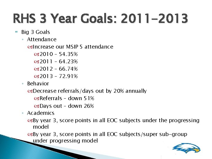 RHS 3 Year Goals: 2011 -2013 Big 3 Goals ◦ Attendance Increase our MSIP RHS 3 Year Goals: 2011 -2013 Big 3 Goals ◦ Attendance Increase our MSIP
