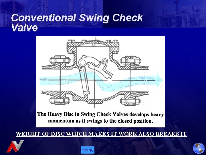 Conventional Swing Check Valve WEIGHT OF DISC WHICH MAKES IT WORK ALSO BREAKS IT