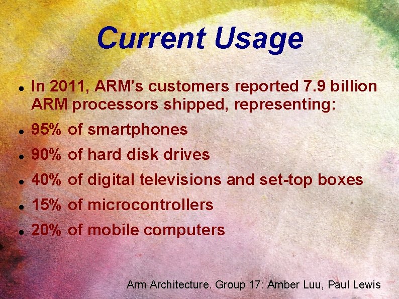 Current Usage In 2011, ARM's customers reported 7. 9 billion ARM processors shipped, representing: