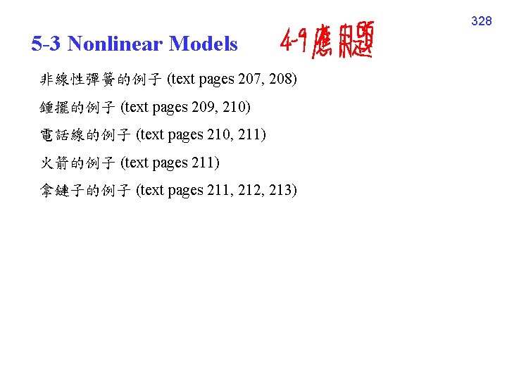 328 5 -3 Nonlinear Models 非線性彈簧的例子 (text pages 207, 208) 鍾擺的例子 (text pages 209,