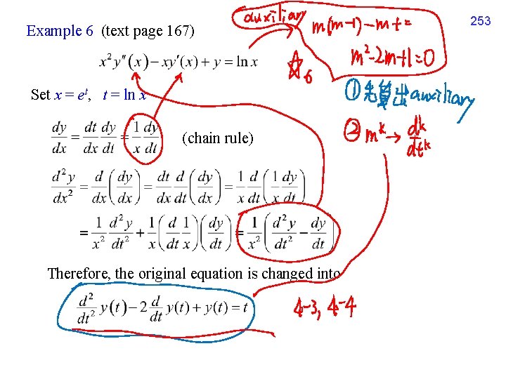 Example 6 (text page 167) Set x = et, t = ln x (chain