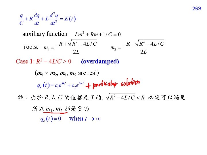 269 auxiliary function roots: Case 1: R 2 4 L/C > 0 (overdamped) (m