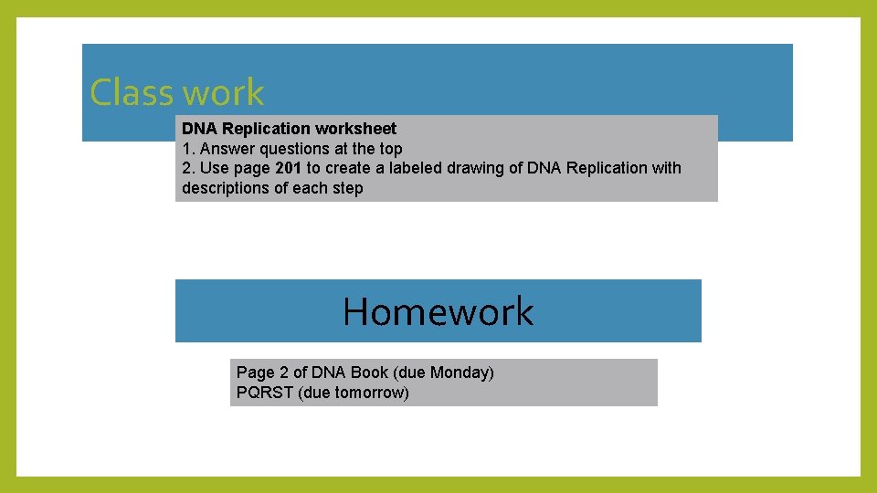 Class work DNA Replication worksheet 1. Answer questions at the top 2. Use page