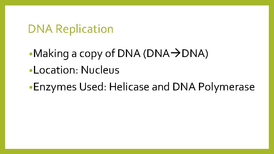 DNA Replication • Making a copy of DNA (DNA DNA) • Location: Nucleus •