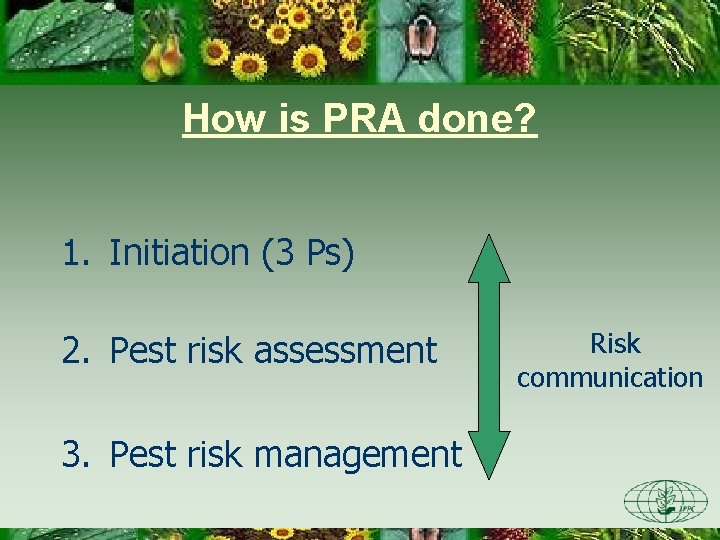 How is PRA done? 1. Initiation (3 Ps) 2. Pest risk assessment 3. Pest