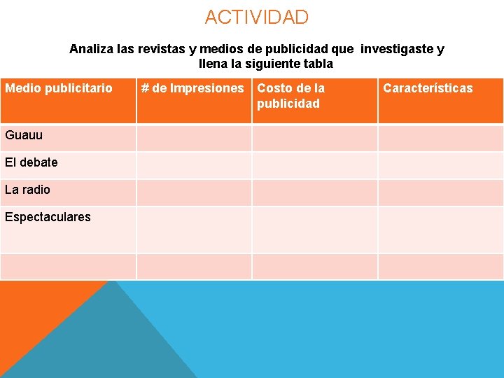 ACTIVIDAD Analiza las revistas y medios de publicidad que investigaste y llena la siguiente ACTIVIDAD Analiza las revistas y medios de publicidad que investigaste y llena la siguiente