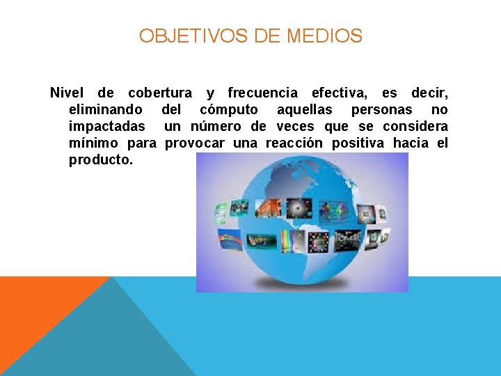 OBJETIVOS DE MEDIOS Nivel de cobertura y frecuencia efectiva, es decir, eliminando del cómputo OBJETIVOS DE MEDIOS Nivel de cobertura y frecuencia efectiva, es decir, eliminando del cómputo