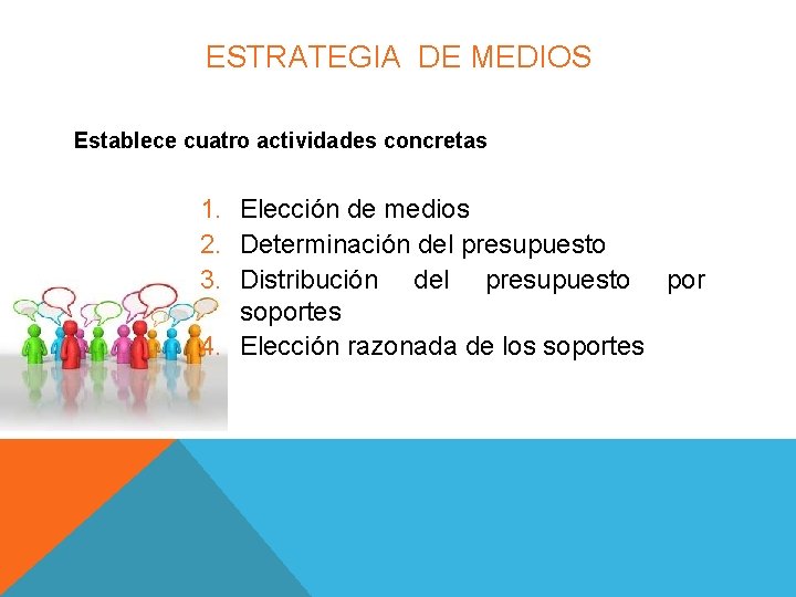 ESTRATEGIA DE MEDIOS Establece cuatro actividades concretas 1. Elección de medios 2. Determinación del ESTRATEGIA DE MEDIOS Establece cuatro actividades concretas 1. Elección de medios 2. Determinación del
