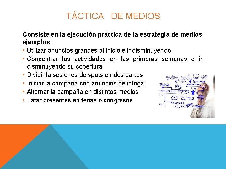 TÁCTICA DE MEDIOS Consiste en la ejecución práctica de la estrategia de medios ejemplos: TÁCTICA DE MEDIOS Consiste en la ejecución práctica de la estrategia de medios ejemplos: