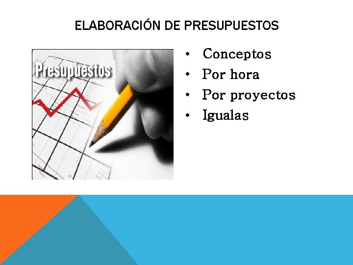 ELABORACIÓN DE PRESUPUESTOS • • Conceptos Por hora Por proyectos Igualas ELABORACIÓN DE PRESUPUESTOS • • Conceptos Por hora Por proyectos Igualas