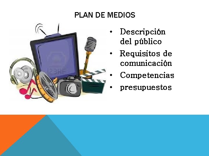 PLAN DE MEDIOS • Descripción del público • Requisitos de comunicación • Competencias • PLAN DE MEDIOS • Descripción del público • Requisitos de comunicación • Competencias •