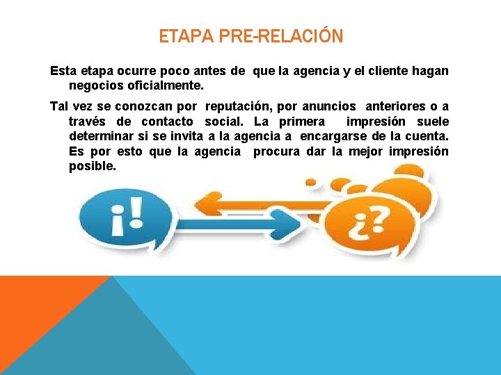 ETAPA PRE-RELACIÓN Esta etapa ocurre poco antes de que la agencia y el cliente ETAPA PRE-RELACIÓN Esta etapa ocurre poco antes de que la agencia y el cliente