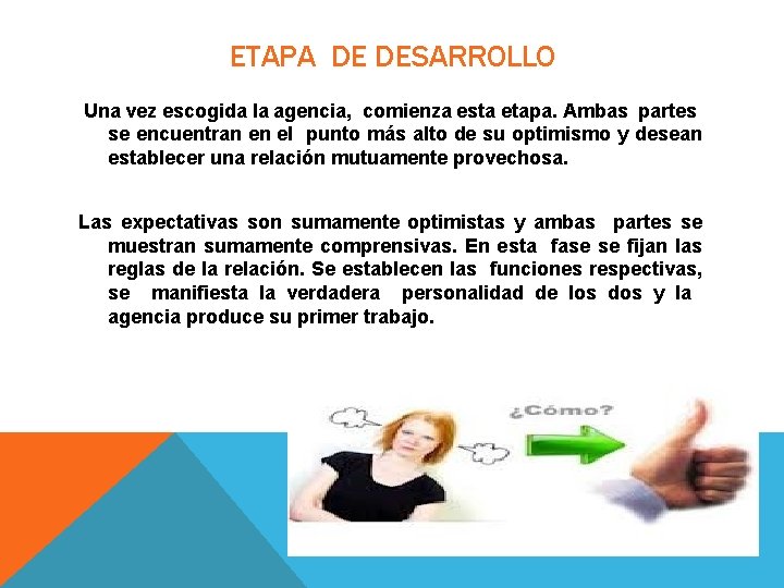 ETAPA DE DESARROLLO Una vez escogida la agencia, comienza esta etapa. Ambas partes se ETAPA DE DESARROLLO Una vez escogida la agencia, comienza esta etapa. Ambas partes se