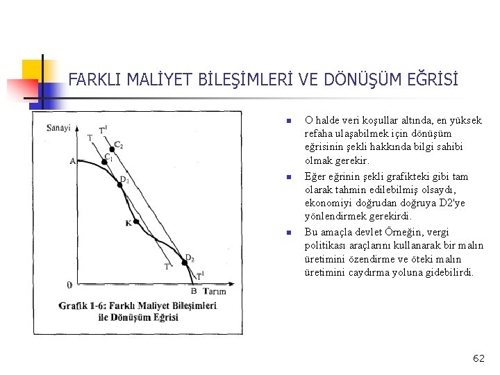 FARKLI MALİYET BİLEŞİMLERİ VE DÖNÜŞÜM EĞRİSİ n n n O halde veri koşullar altında,