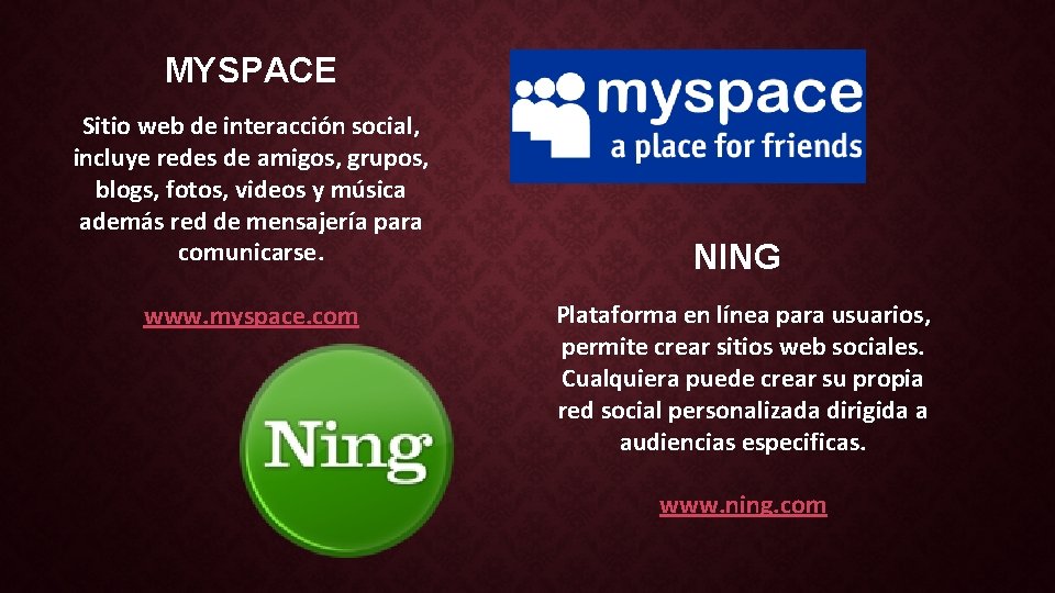 MYSPACE Sitio web de interacción social, incluye redes de amigos, grupos, blogs, fotos, videos