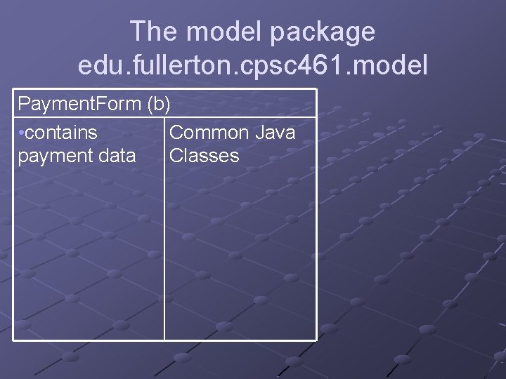 The model package edu. fullerton. cpsc 461. model Payment. Form (b) • contains Common