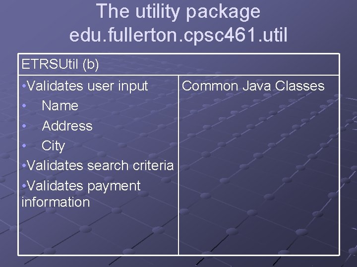 The utility package edu. fullerton. cpsc 461. util ETRSUtil (b) • Validates user input