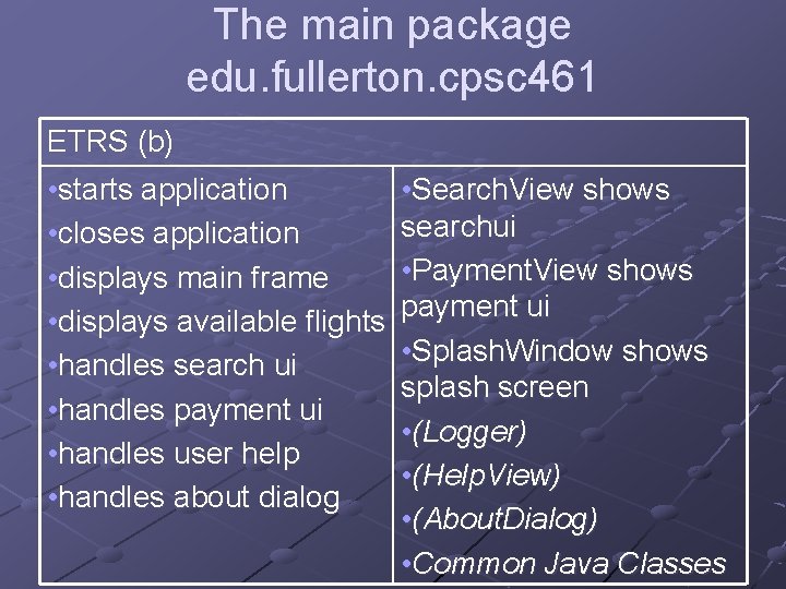 The main package edu. fullerton. cpsc 461 ETRS (b) • starts application • closes