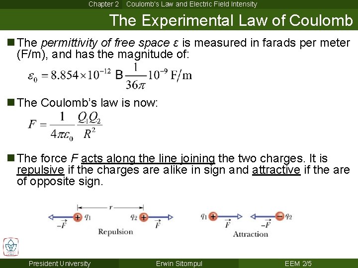 Chapter 2 Coulomb’s Law and Electric Field Intensity The Experimental Law of Coulomb n