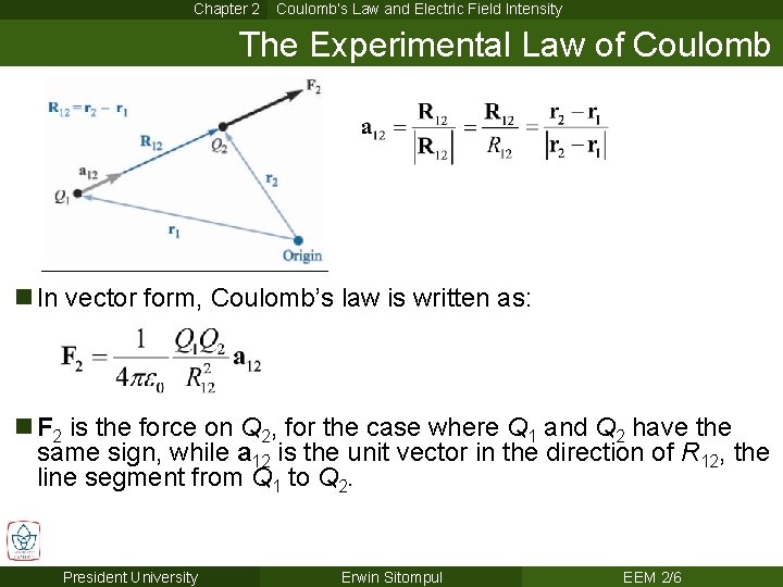 Chapter 2 Coulomb’s Law and Electric Field Intensity The Experimental Law of Coulomb n